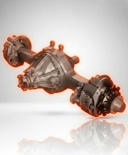 Ejes delanteros direccionales, traseros de tracción y de remolque con marcas Meritor, Spicer Dana, Hendrickson y Eaton con geometría de precisión que mantiene alineación exacta de ruedas y evita desgaste irregular de neumáticos en camiones heavy duty