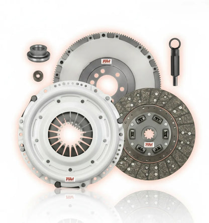Kit de clutch heavy duty con materiales de fricción cerámicos de alta densidad, disponible en 14 y 15.5 pulgadas, capacidad de torque desde 1,650 hasta 2,250 lb-ft o superior, resistencia a temperaturas extremas sin pérdida de agarre para motores diésel de servicio pesado